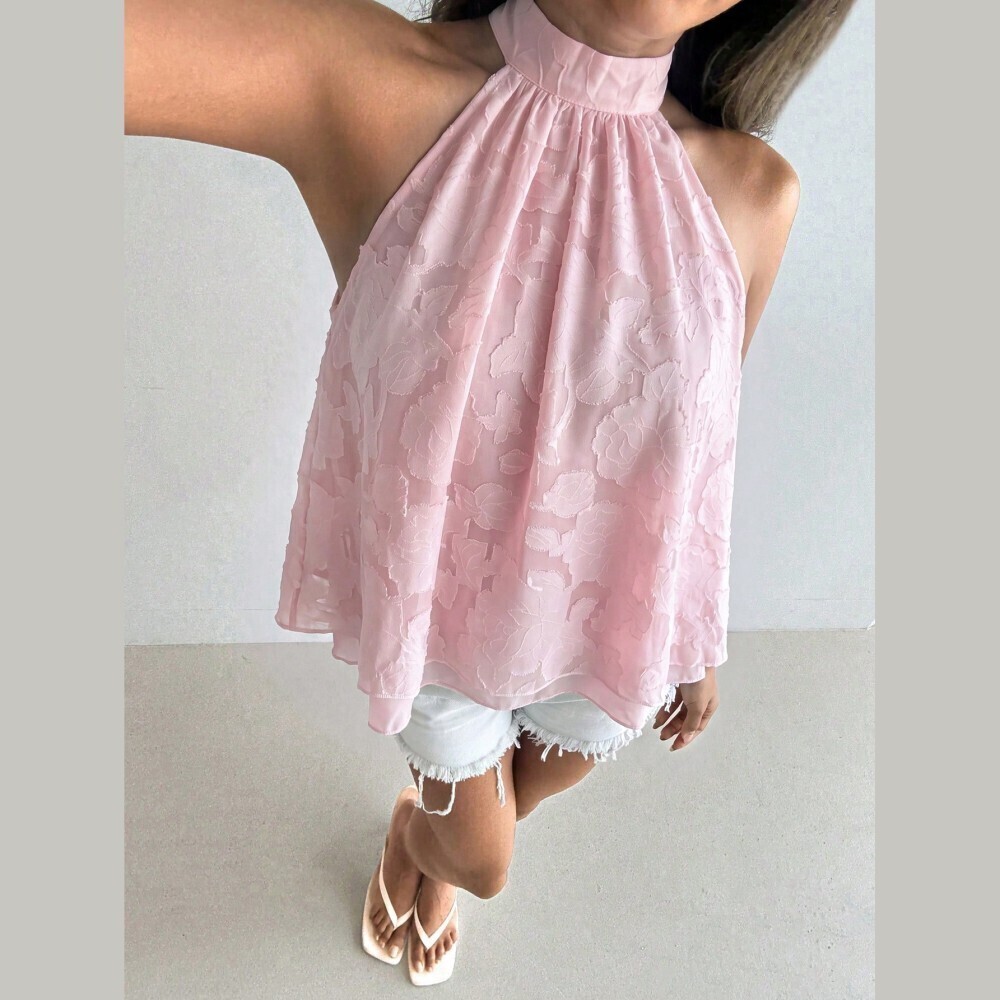 Pink Floral Burnout Chiffon Halter Neck Bow Back Swing Tank Top
